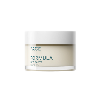 SOS Paste fra Face Formula – liten hvit tube med blå og svart tekst, ideell for målrettet behandling av akne og rødhet. Perfekt for sensitiv hud.