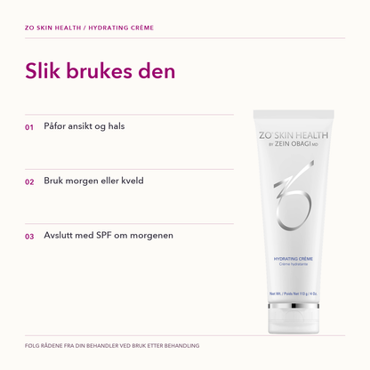 Slik brukes Hydrating Crème: påfør ansikt og hals, morgen eller kveld, avslutt med SPF
