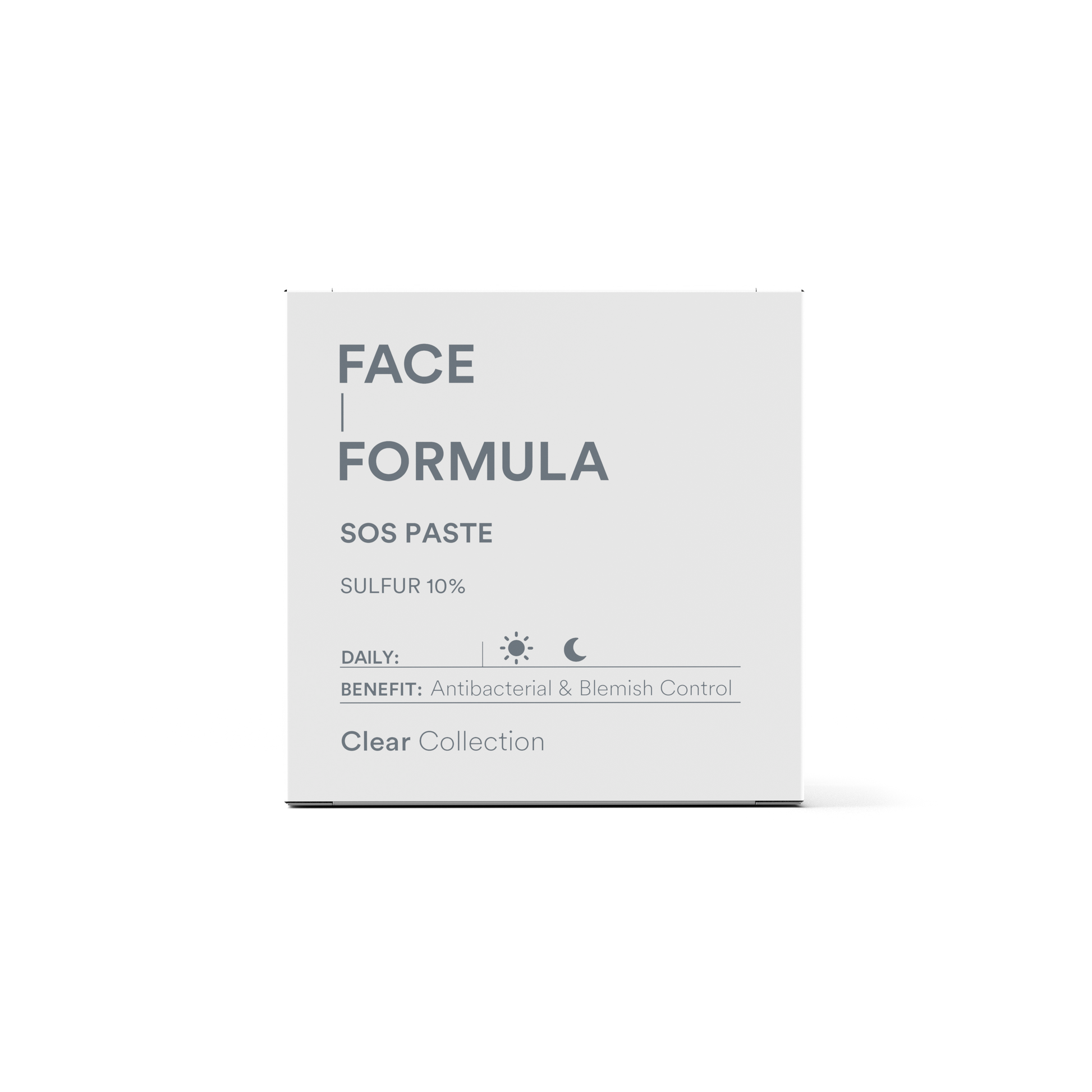 SOS Paste fra Face Formula – liten hvit tube med blå og svart tekst, ideell for målrettet behandling av akne og rødhet. Perfekt for sensitiv hud.