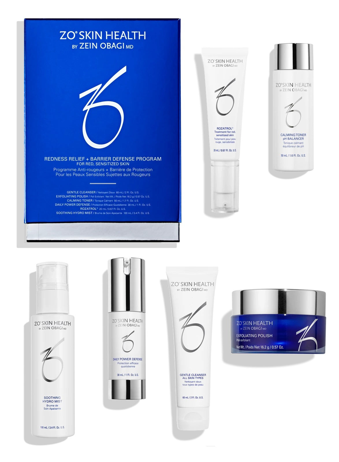 ZO Redness Relief + Barrier Defense Program med eske og alle seks produktene